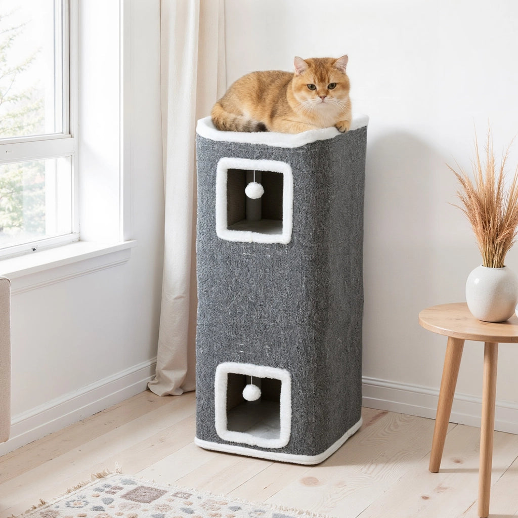 Torre per Gatti con Casette e Palline ¨C zephmum ¨C Legno, Tessuto, 41x41x100 cm, Grigio Bianco