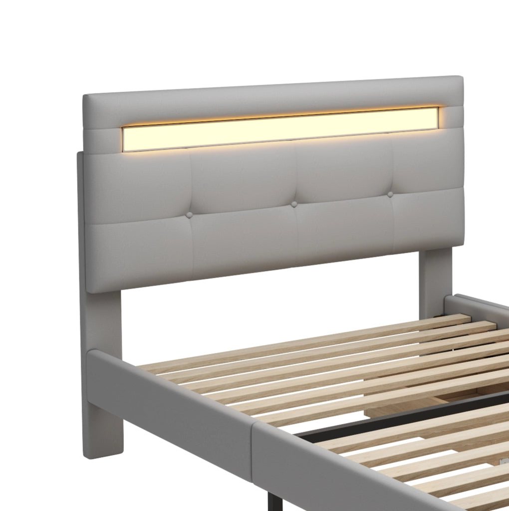 Letto imbottito 90x200 cm grigio con LED, 2 cassetti e rete a doghe