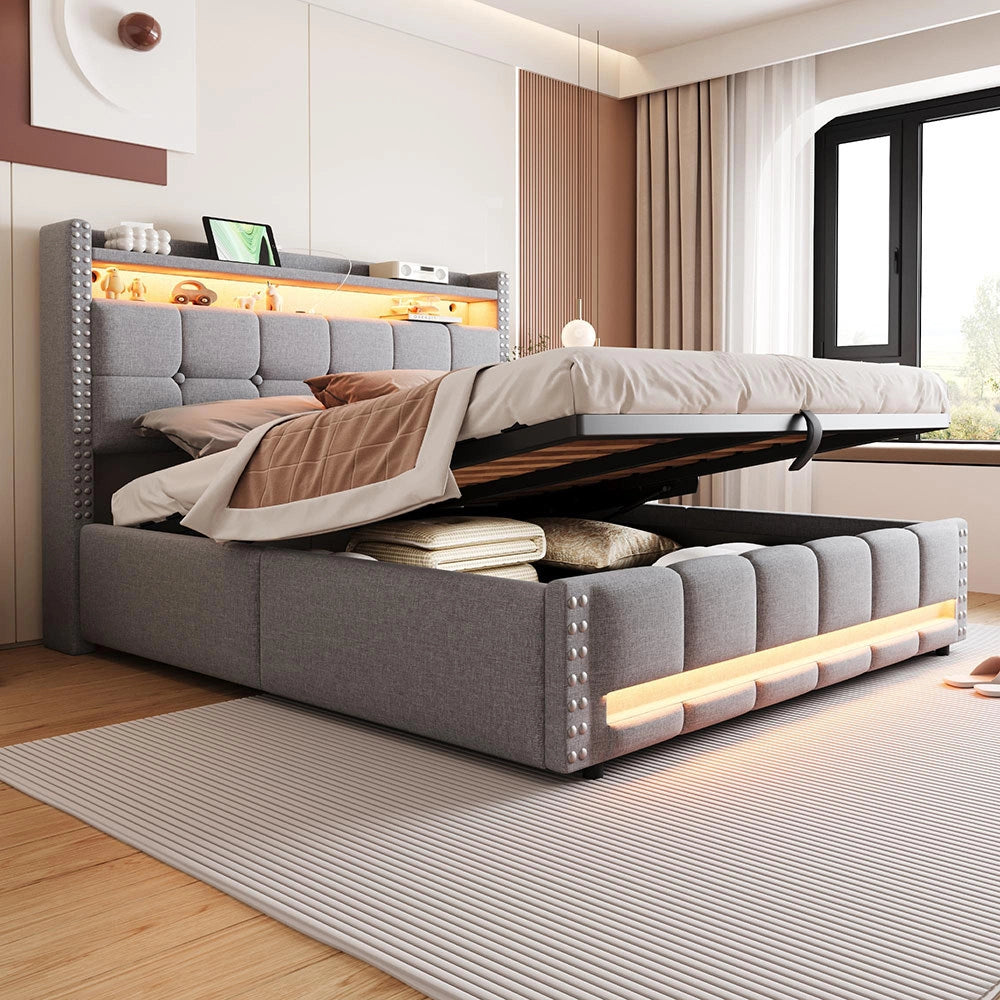 Letto matrimoniale-Xylo-160x200 cm-LED, USB, scaffale, idraulico, lino grigio