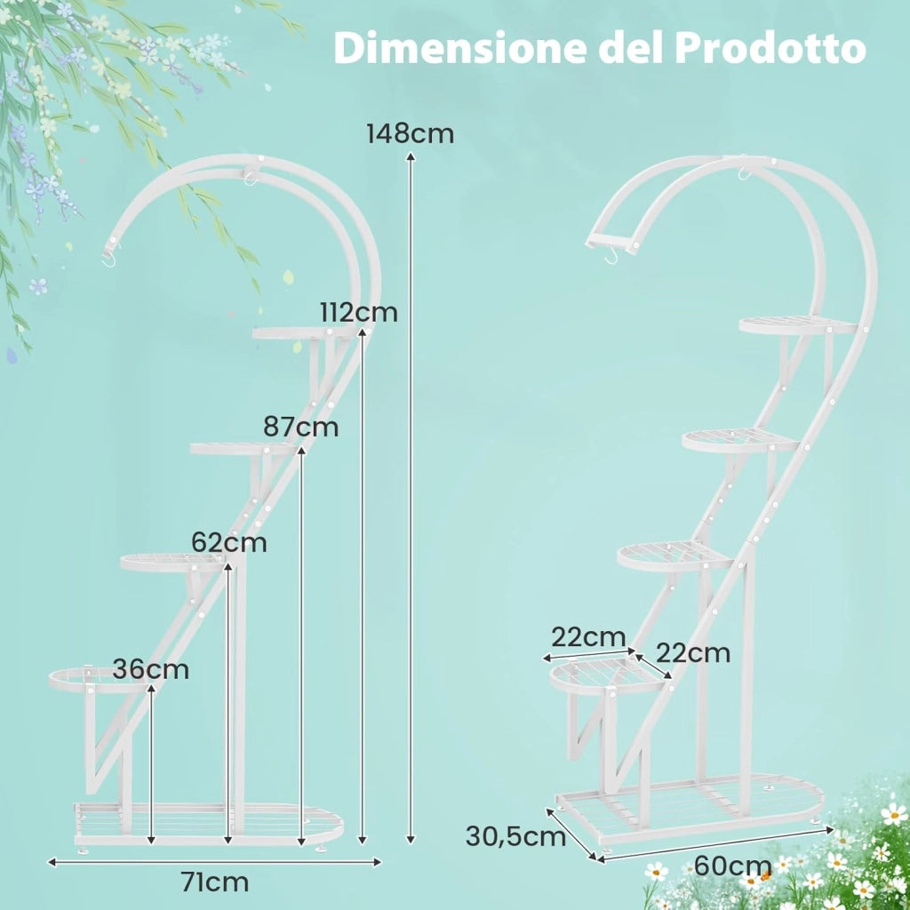 Scaffale per Piante in Metallo a 5 Livelli, Porta Piante a Forma di Cuore con Gancio, Scaffale per Fiori per Soggiorno, Camera da Letto e Balcone (Bianco)