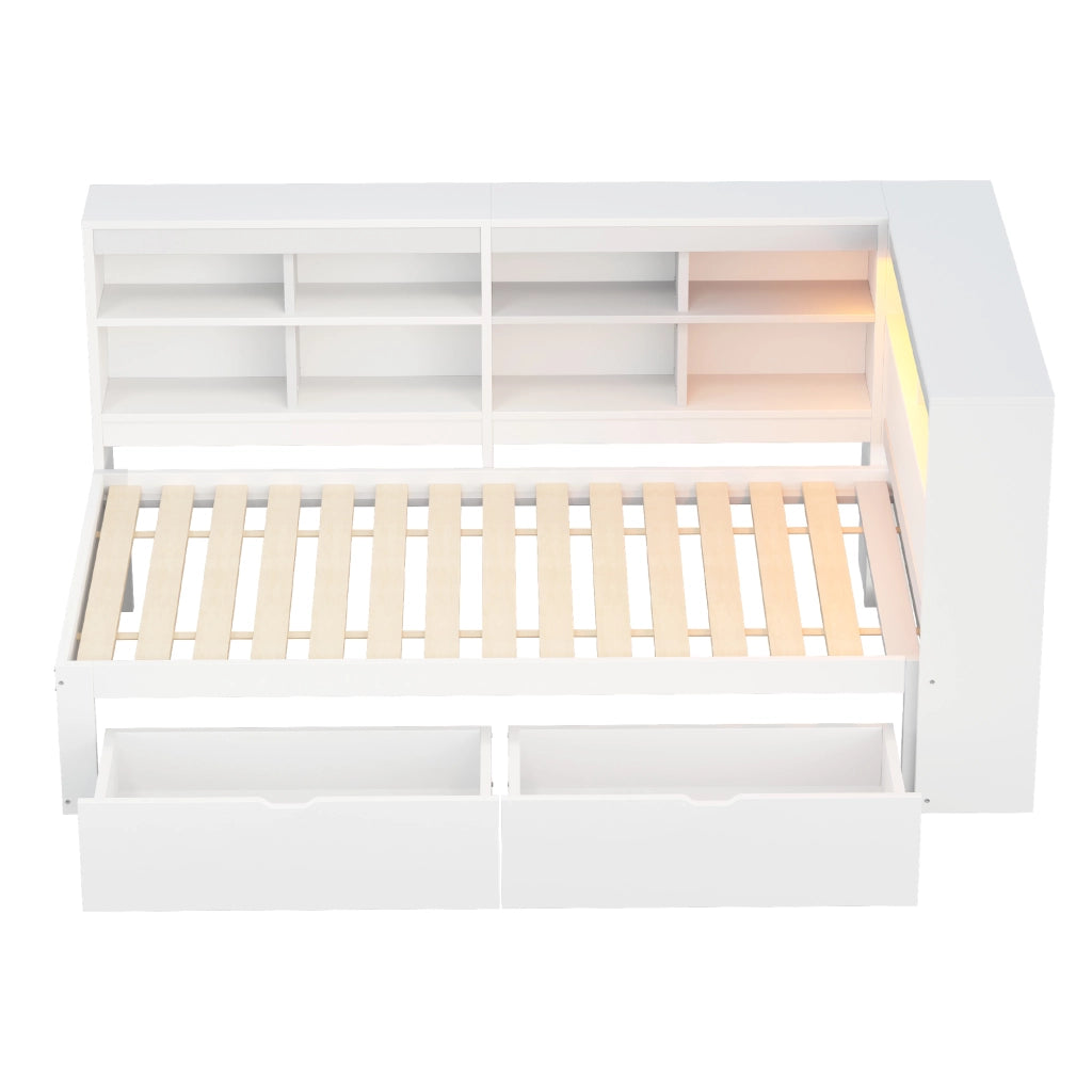 OKWISH Letto a Divano 90×200 cm, Letto Singolo con USB, Presa e LED Regolabile, Mensole e Cassetti, senza Materasso, Legno, Bianco