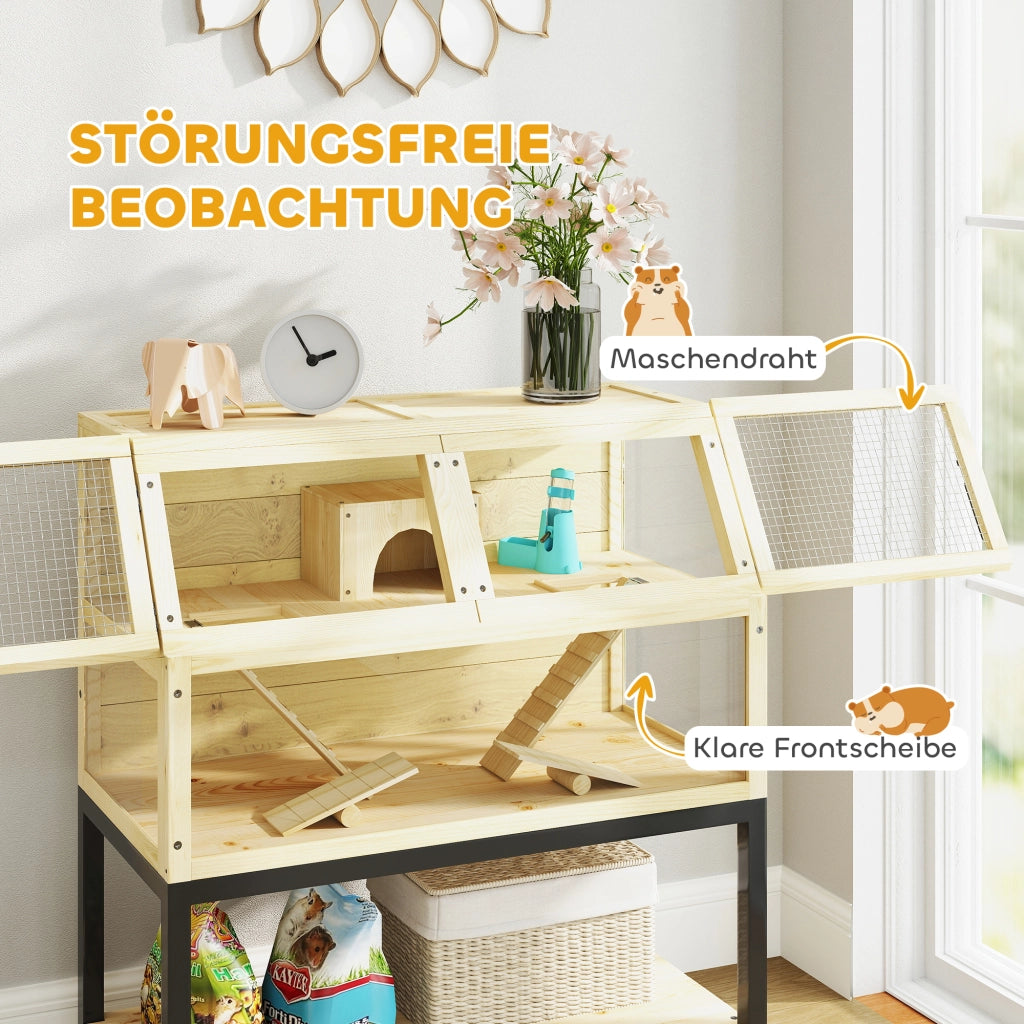 Scaffale per piccoli animali a due livelli con rampe, ripiani e ruote in legno e metallo naturale 87 × 43 × 101 cm