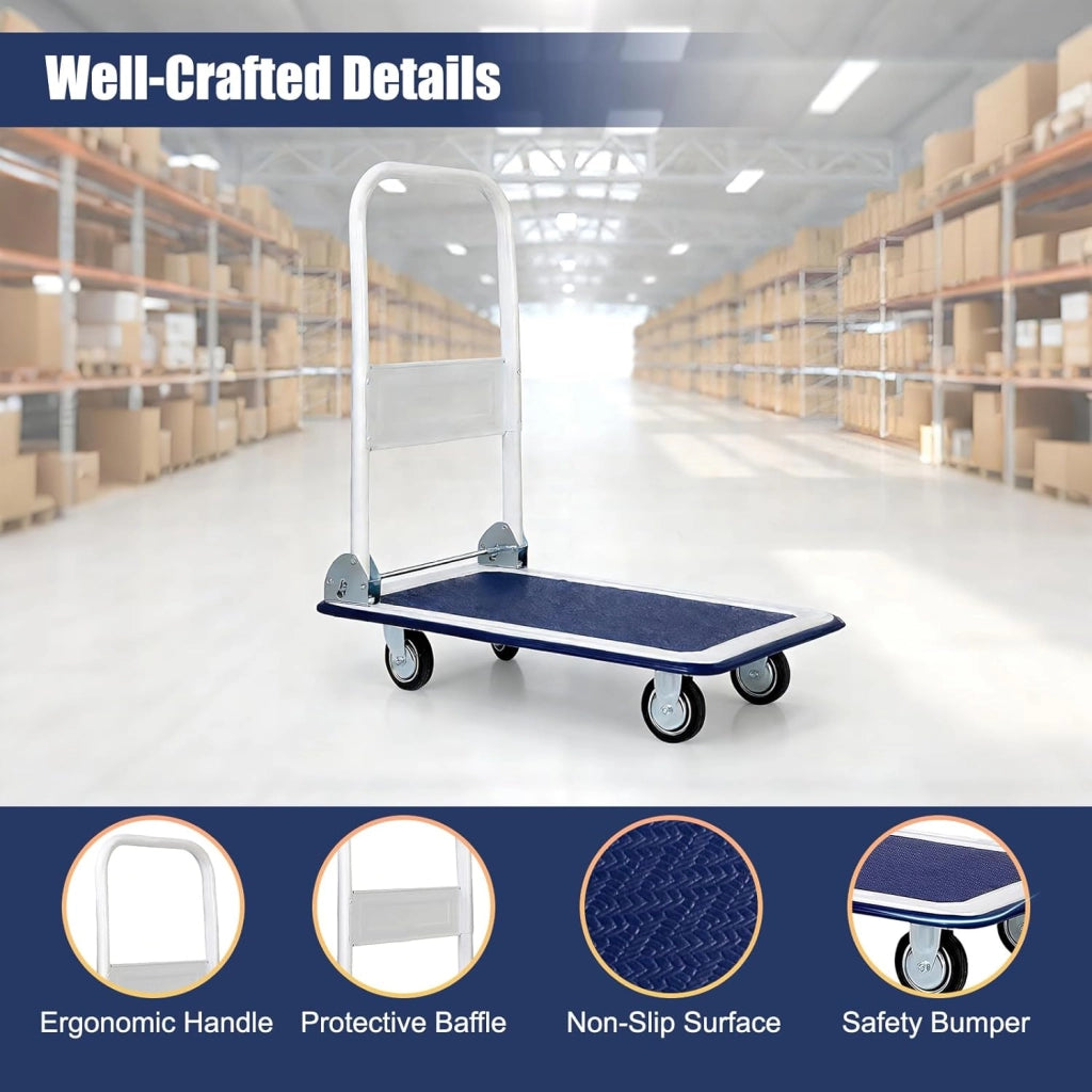 Carrello Pieghevole con Ruote, Carrello a Piattaforma da Transporto, Capacità 150 KG, con Piattaforma Antiscivolo, per Trasporto, Movimentazione, Demenagement, 73 X 48 X 83 CM (Blu+Bianco)