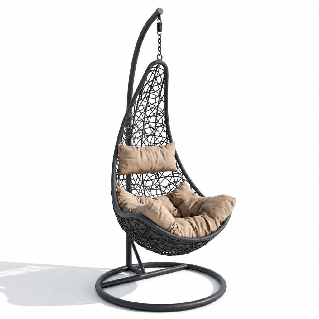 Poltrona Amaca Sospesa Con Telaio Indipendente In Metallo Seduta Ergonomica In Polyrattan E Cuscino Morbido Con Appoggiatesta Arredo Relax Per Giardino Patio Terrazzo 105 x 195 Cm Nero E Beige
