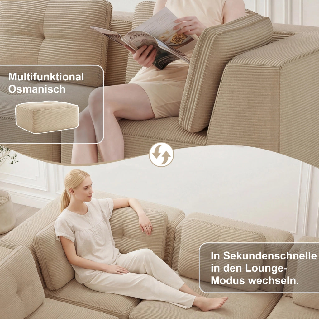 Divano angolare modulare senza telaio con seduta profonda e base antiscivolo in velluto a coste beige 295 × 295 × 69 cm