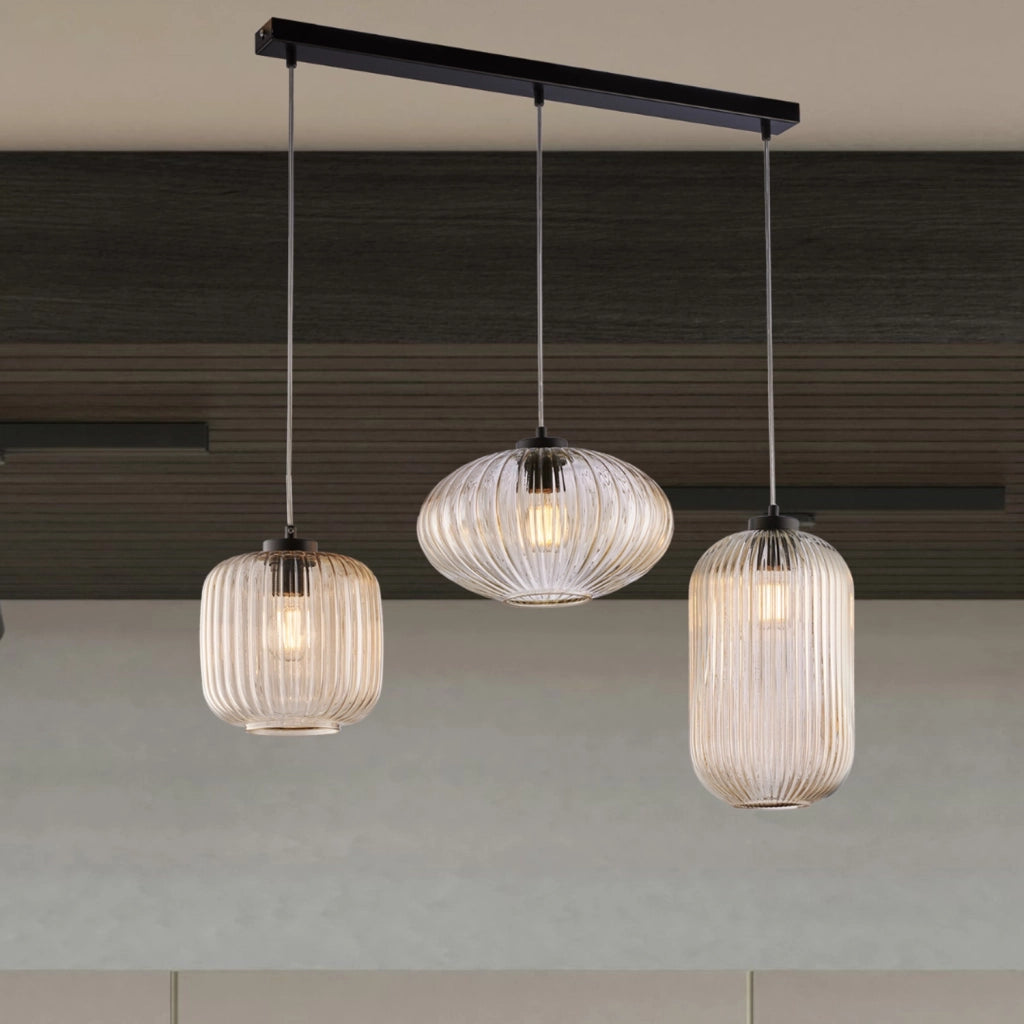 Sospensione 3 Luci Glamour Con Binario E Vetro Soffiato Ambra Plissettato