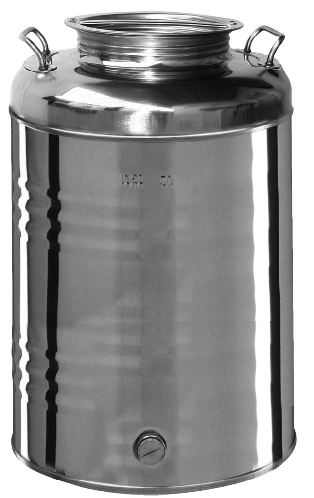 BIDONE GRAFFATO INOX OLIVARI LT.50 MANIGLIE LATERALI,TAPPO A VITE S/RUBINETTO
