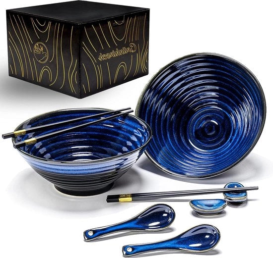 Set di 8 Piatti Ceramici Premium per Ramen con Bastoncini e Cucchiaio - Include Libro Elettronico con Ricette Saporite