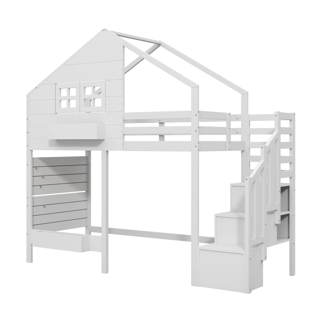 Letto a castello per bambini 90x200 cm in legno di pino massiccio, con finestra, scala contenitore e vani portaoggetti, bianco