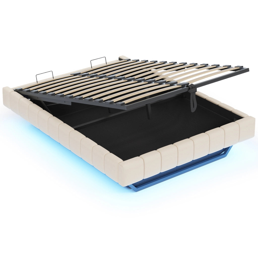 Letto Contenitore 160x200 cm; Letto Matrimoniale con LED e vano contenitore; Beige