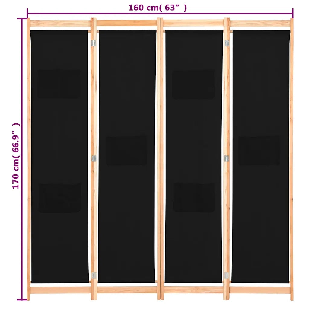 Divisorio Ambienti | Divider per stanze | Paravento a 4 Pannelli Nero 160x170x4 cm in Tessuto
