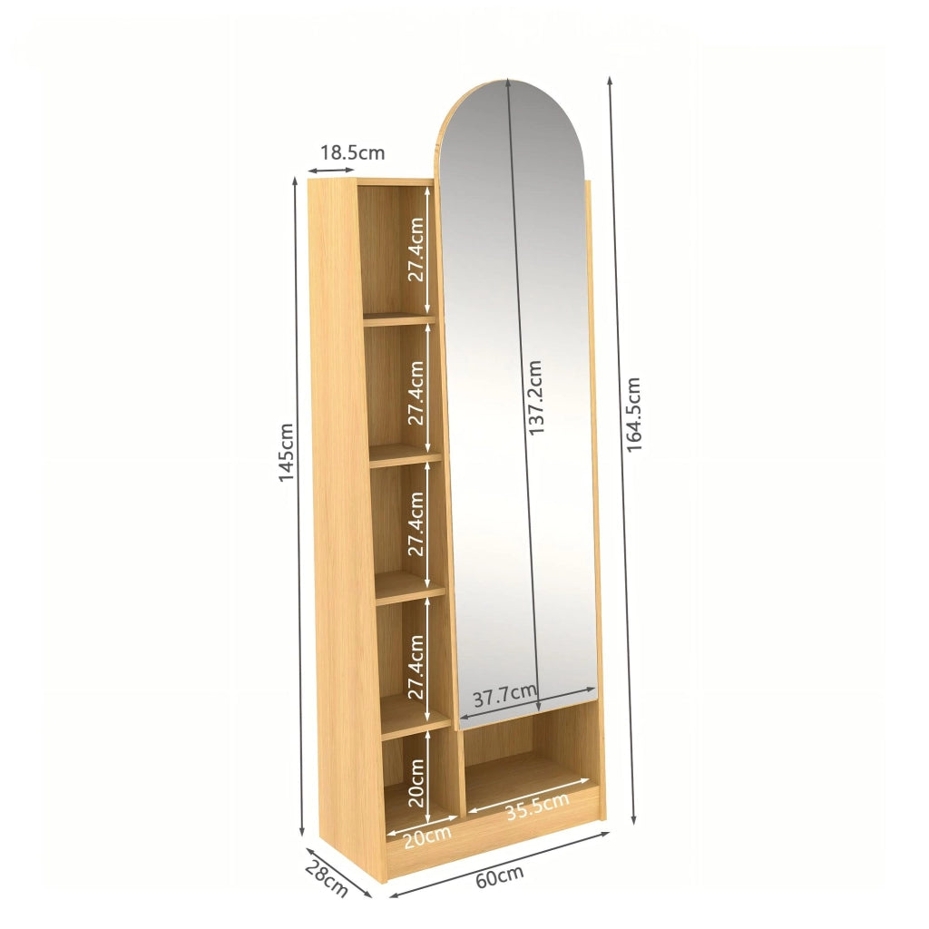 Armadio con specchio e ripiani regolabili per ingresso in MDF 165x60x28 cm naturale