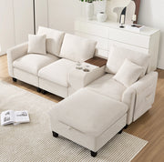 Divano angolare modulare beige in velluto a coste con USB