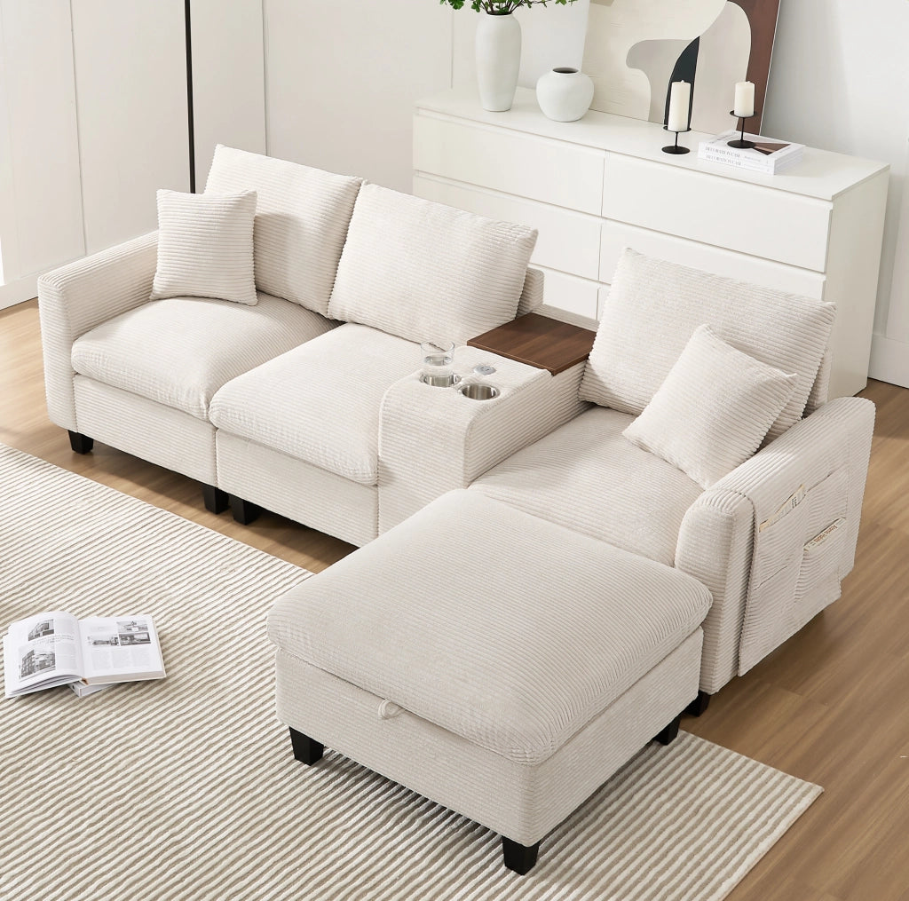 Divano angolare modulare beige in velluto a coste con USB