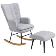 Sedia a Dondolo con Pouf Design Scandinavo, Sedia a Dondolo con Poggiapiedi, Legno di Faggio, Trapuntatura, 64 cm x 89 cm x 90 cm, Grigio Chiaro