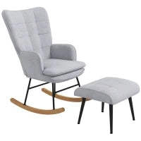 Sedia a Dondolo con Pouf Design Scandinavo, Sedia a Dondolo con Poggiapiedi, Legno di Faggio, Trapuntatura, 64 cm x 89 cm x 90 cm, Grigio Chiaro