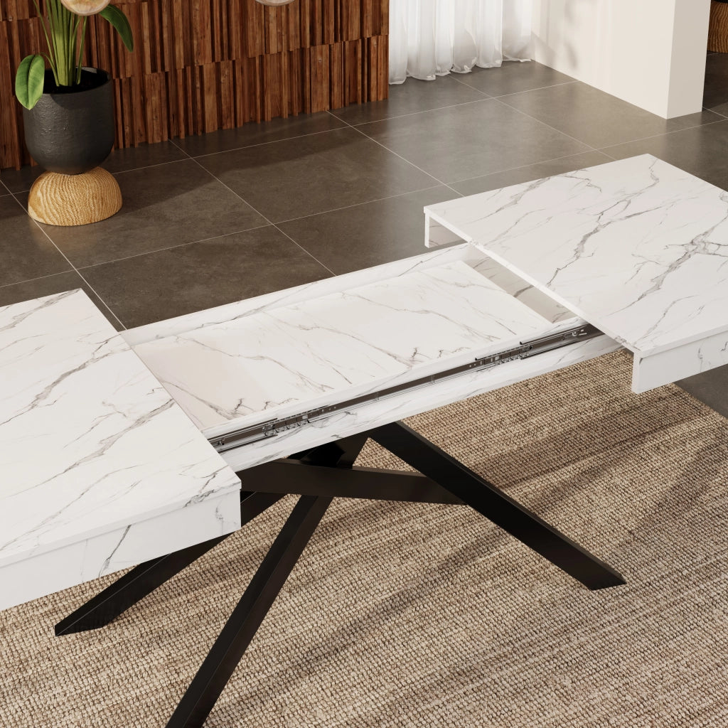 Tavolo da pranzo allungabile per 6-8 persone con piano spesso e gambe incrociate in MDF bianco per interni moderni