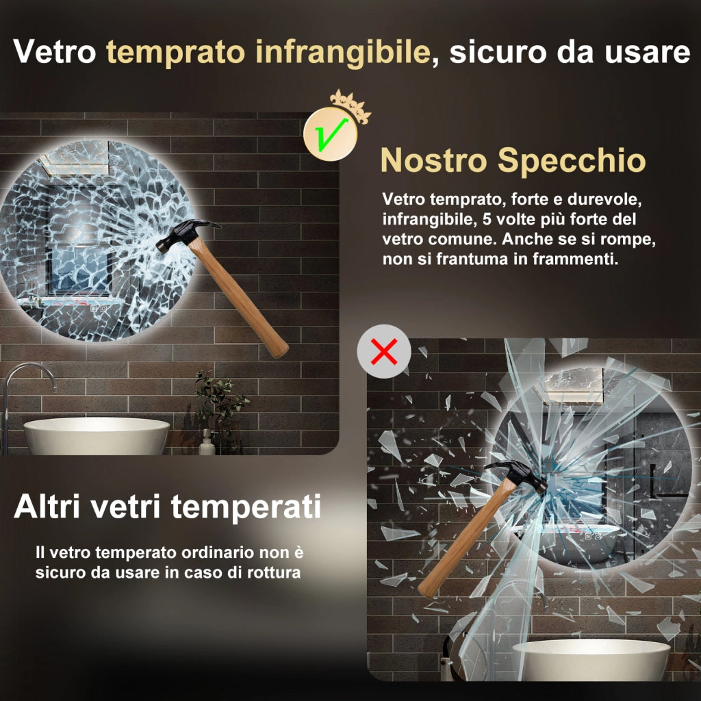 specchio rotondo 90 cm con luce led a 3 colori, antiappannamento e touch