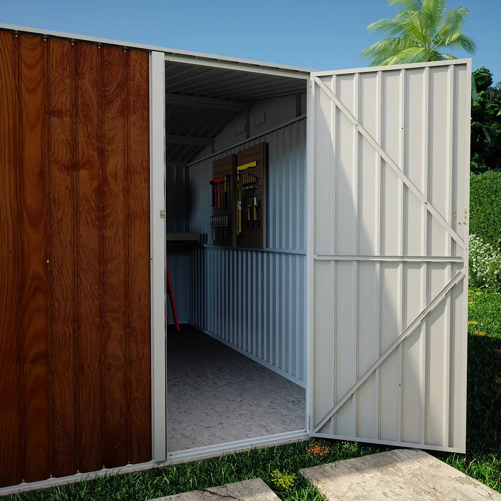 Casetta da giardino in acciaio zincato effetto legno 5,96x3,56xh2,17m -258kg - 21,2 metri quadri