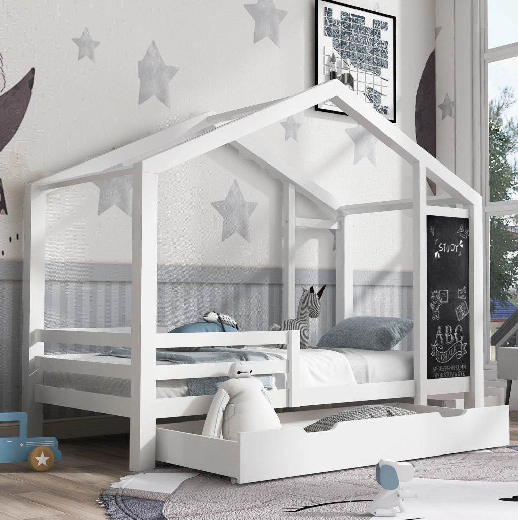 Letto a casetta per bambini 90x200 cm in legno massello bianco con lavagna e 2 cassetti