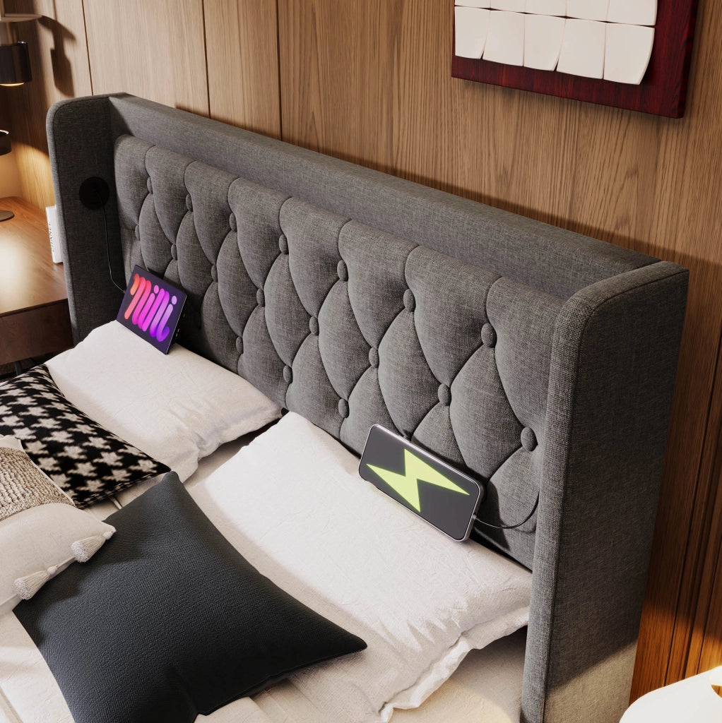 Letto matrimoniale imbottito 160x200 cm grigio in cotone con contenitore; USB e LED