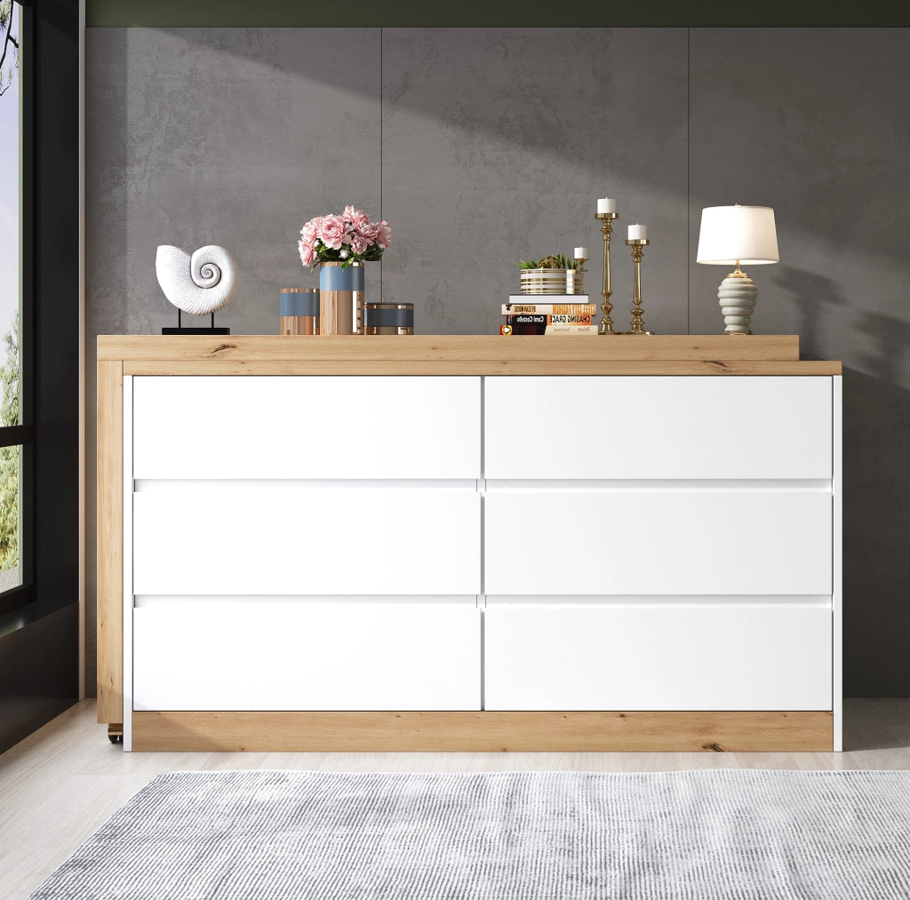 Scrivania girevole 2 in 1 con 6 cassetti 120x50 cm in pannello truciolare; bianco e rovere