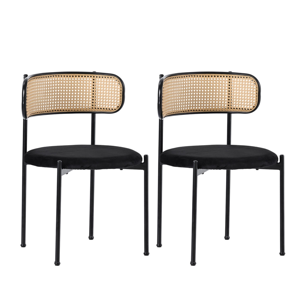 Set di 2 sedie da pranzo in velluto nero con schienale in rattan e gambe in metallo