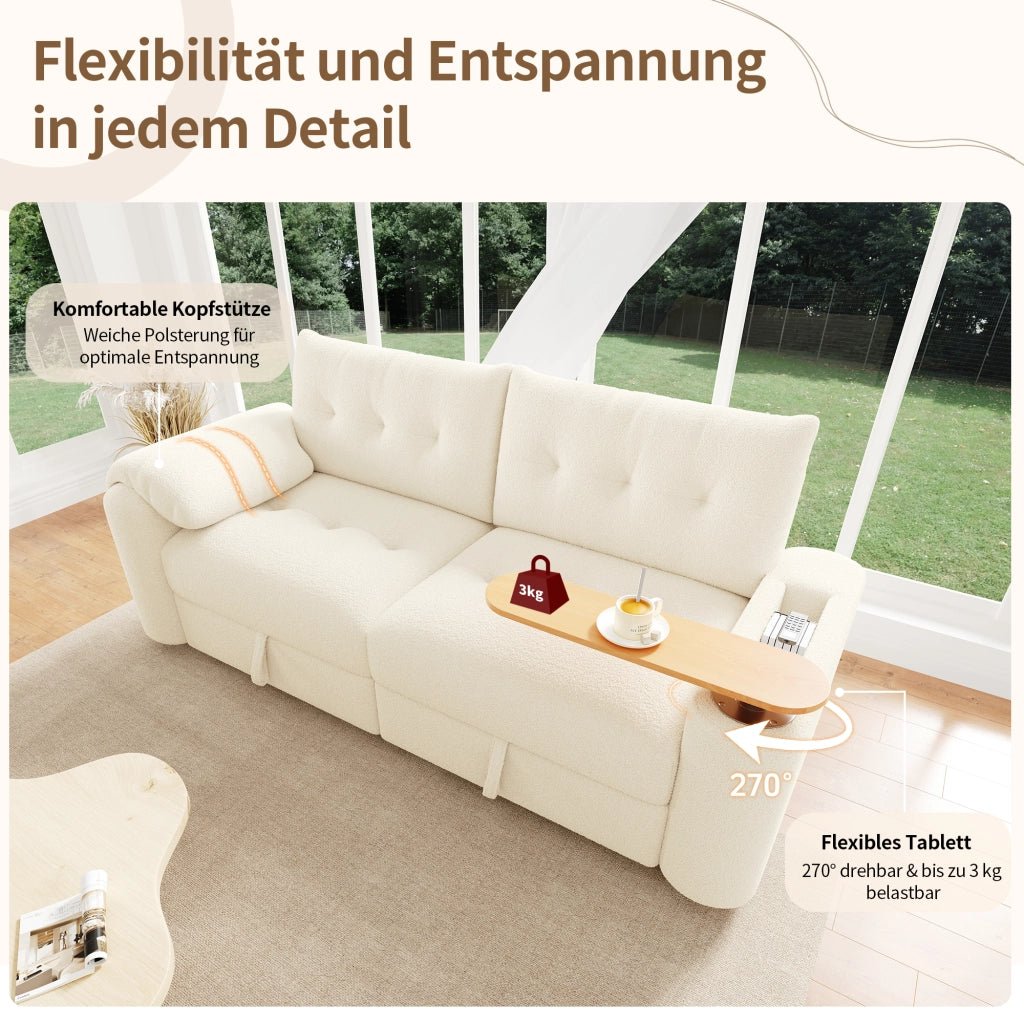 DIVANO modulare 207,5 x 80 x 87 cm in Teddy Beige con tavolino e vani contenitore