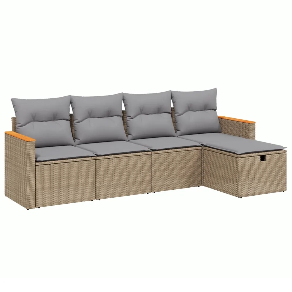 Set Divano da Giardino 5 pz | Set Salotto da Giardino con Cuscini Beige Misto Polyrattan