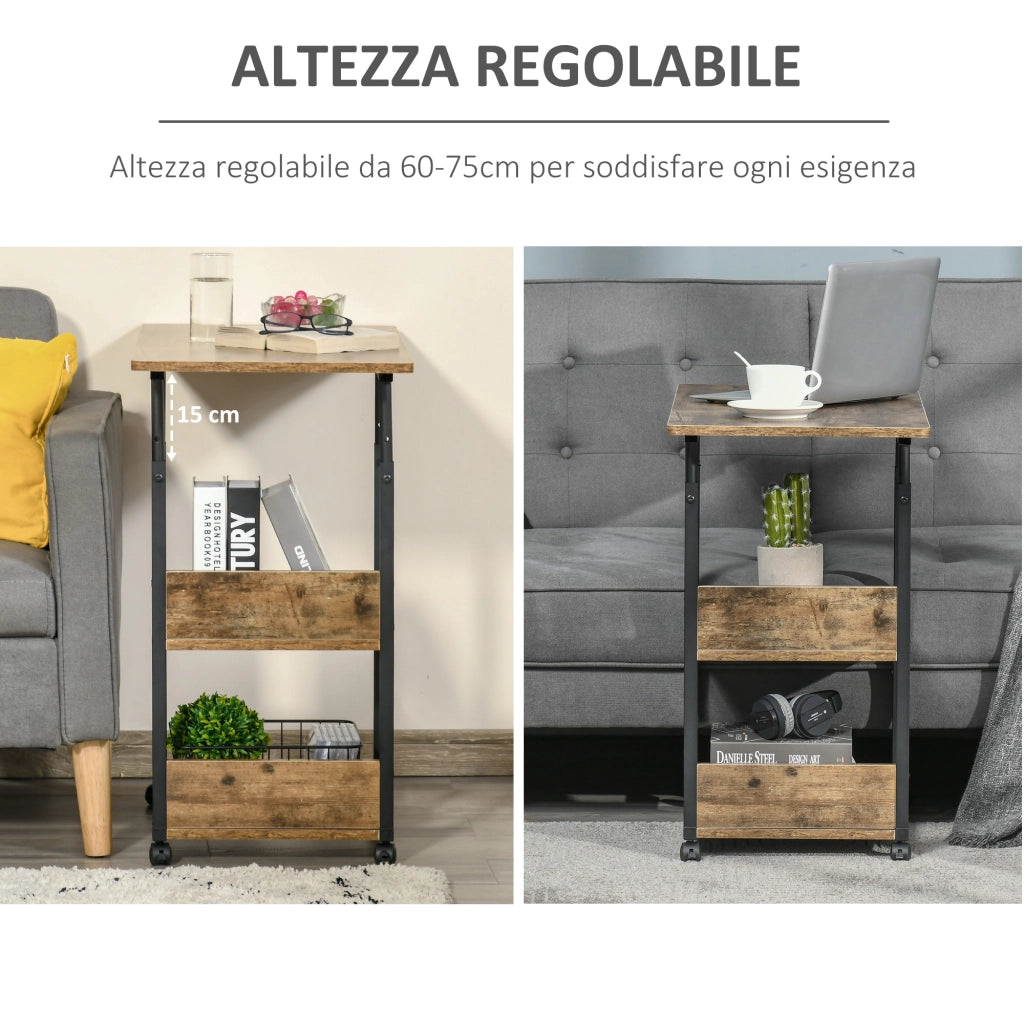 Tavolino da Salotto Industriale ¨C zephmum ¨C Marrone, Regolabile, 3 Ripiani, 4 Ruote