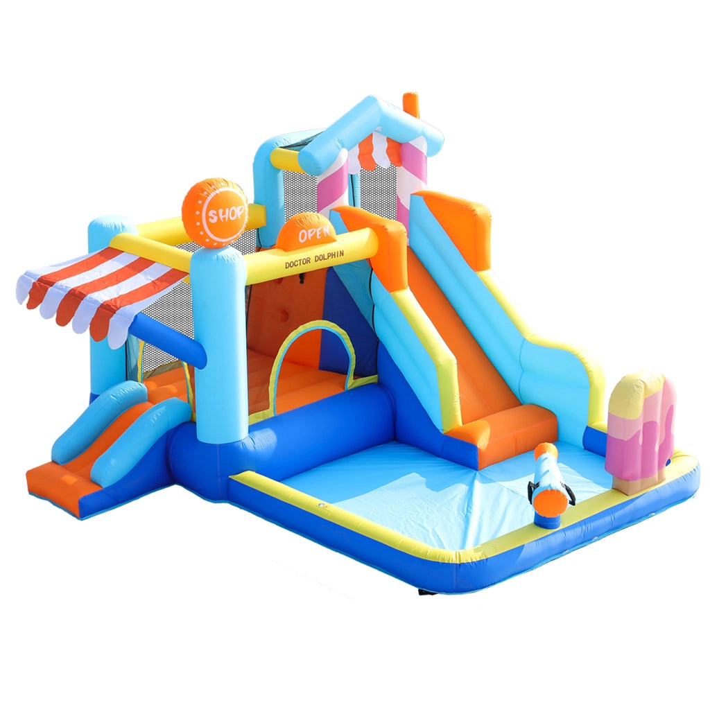Castello gonfiabile per bambini con 2 scivoli; area giochi d'acqua; gonfiatore 450W; blu