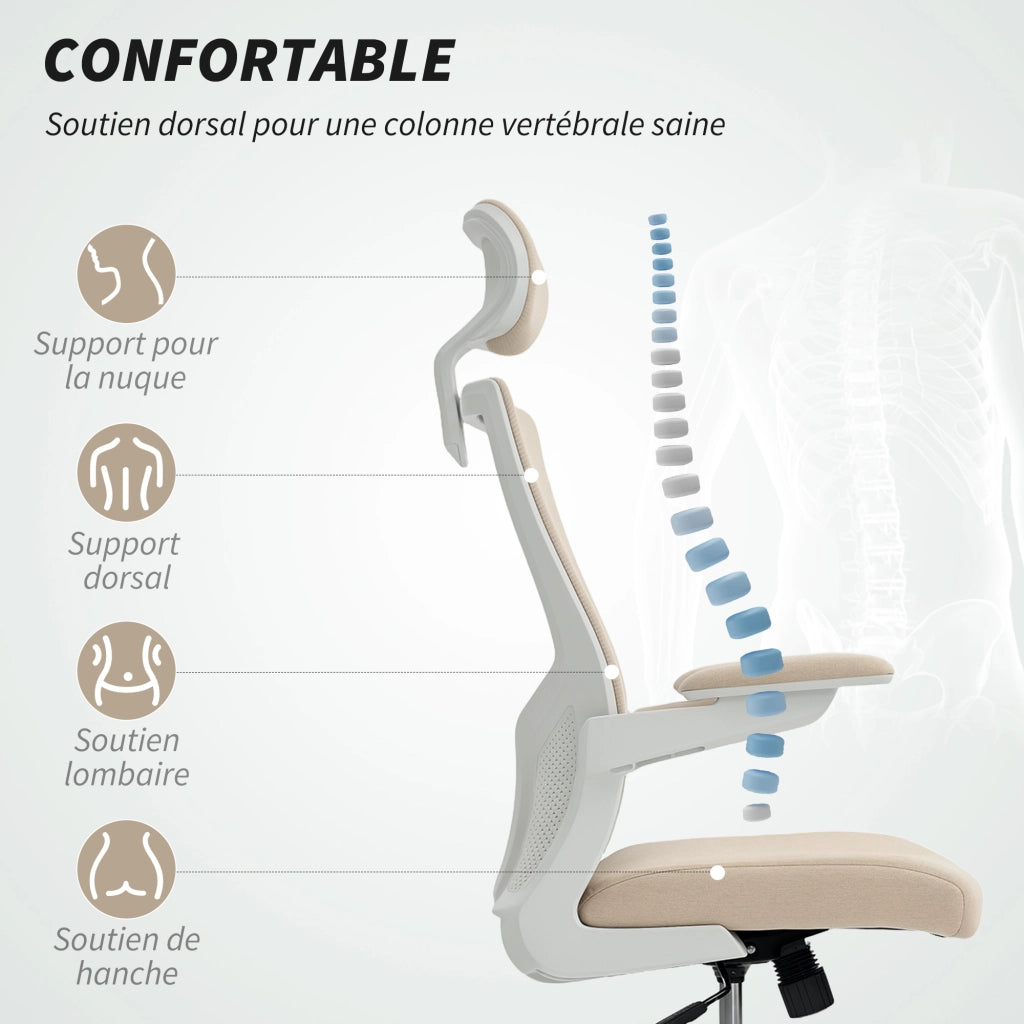 Sedia da ufficio ergonomica ¨C zephmum ¨C beige, braccioli reclinabili, supporto lombare, 60x63x120cm