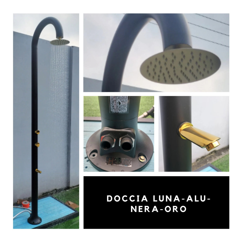 SINED Doccia In Alluminio Nera e Oro Con Soffione Circolare e Ugelli Anticalcare Doppio Attacco Acqua Calda o Fredda Sia Agli Spazi Interni Che Esterni Modello LUNA ALU NERA ORO