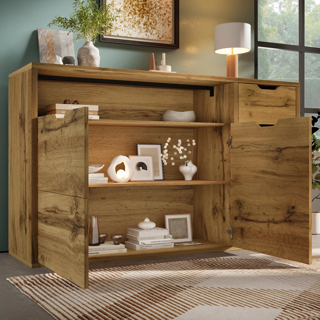 OKWISH Credenza con 2 Ante, 4 Cassetti e 1 Vano Aperto, Ripiani Regolabili, per Soggiorno 150 x 40 x 90 cm
