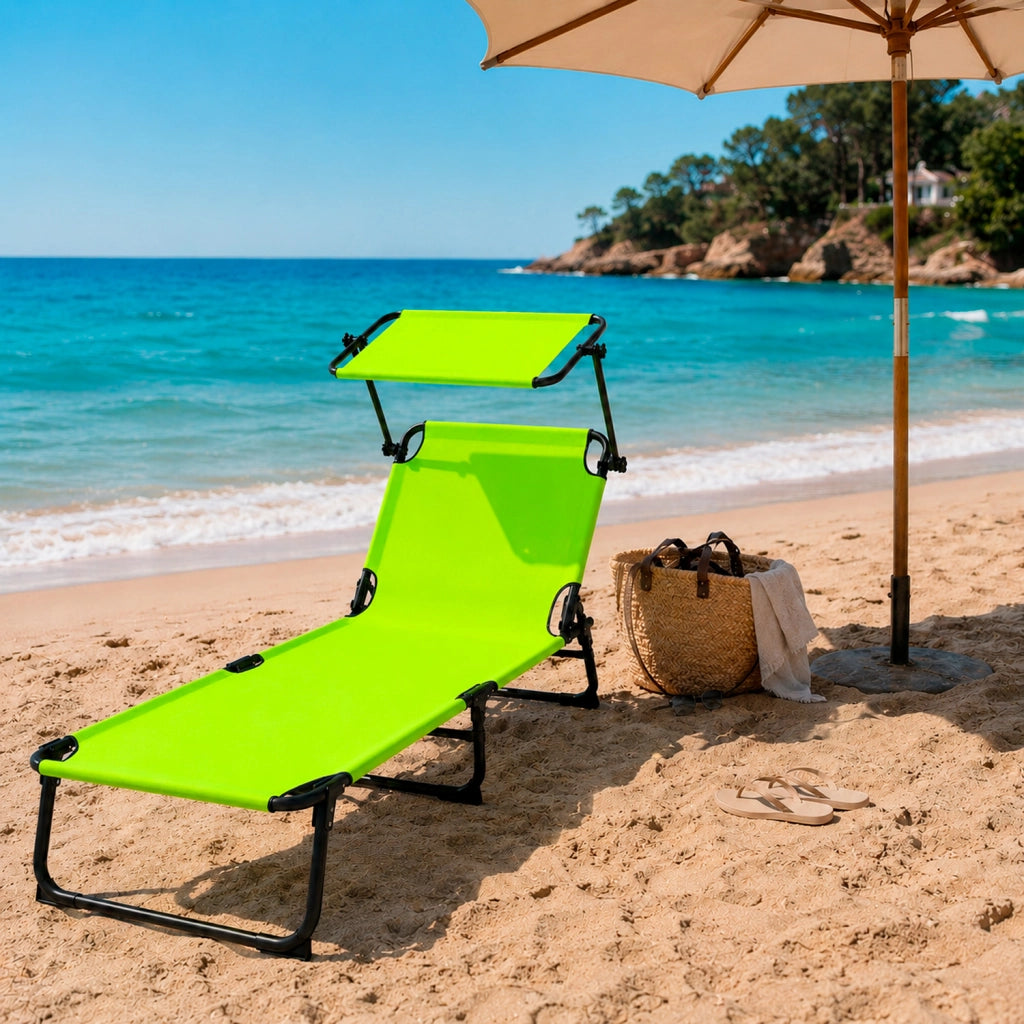 Lettini Mare Pieghevoli Set Da 2 Traspirante Con Schienale Reclinabile E Tettuccio Parasole Regolabile Ideali Per Spiaggia Giardino Campeggio Relax Estivo 24 X 187 X 53 Cm Verde Fluo