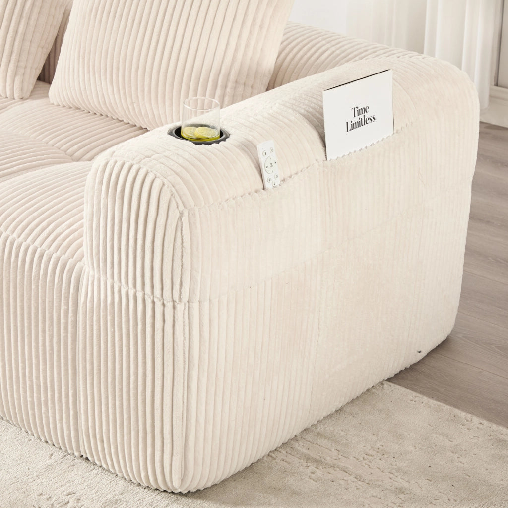 Divano componibile in corduroy beige 253x158x61 cm con tasche laterali e portabicchieri