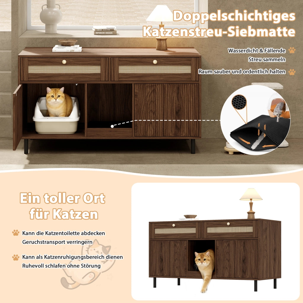 Mobile lettiera per gatti con doppie ante cassetto e tappetino raccogli lettiera per soggiorno noce 120 × 50 × 65 cm
