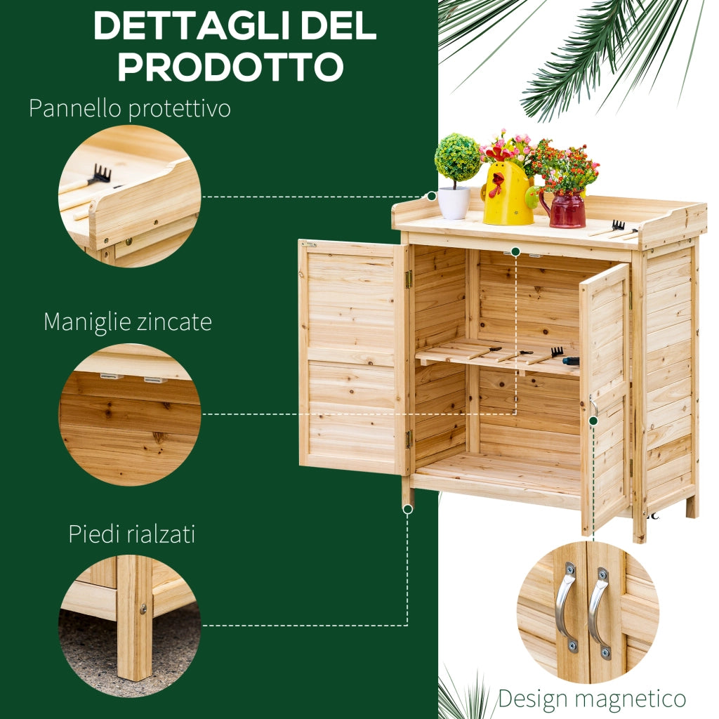 Armadietto da Esterno a 2 Ripiani in Legno di Abete con Design Rialzato e 2 Ante. 83x40x92 cm