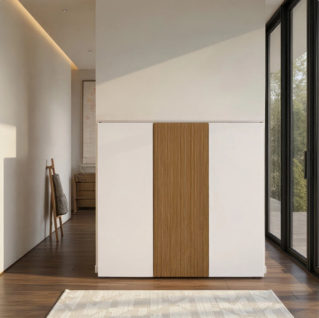 Mobile Portascarpe Palasio, Scarpiera 24 Paia Made in Italy, 120x34x115h cm Bianco Lucido