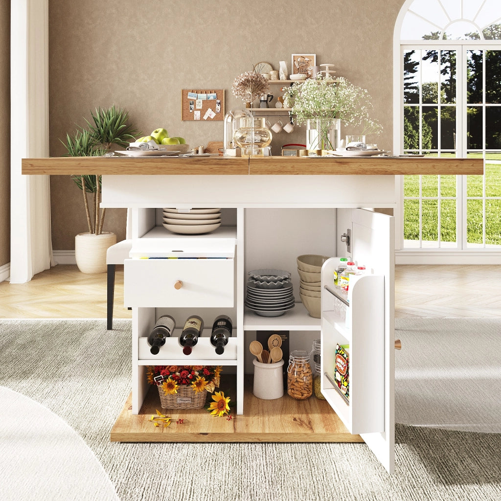 Tavolo allungabile con anta cassetto e ripiani regolabili per cucina e soggiorno in MDF bianco 110 × 80 × 75 cm