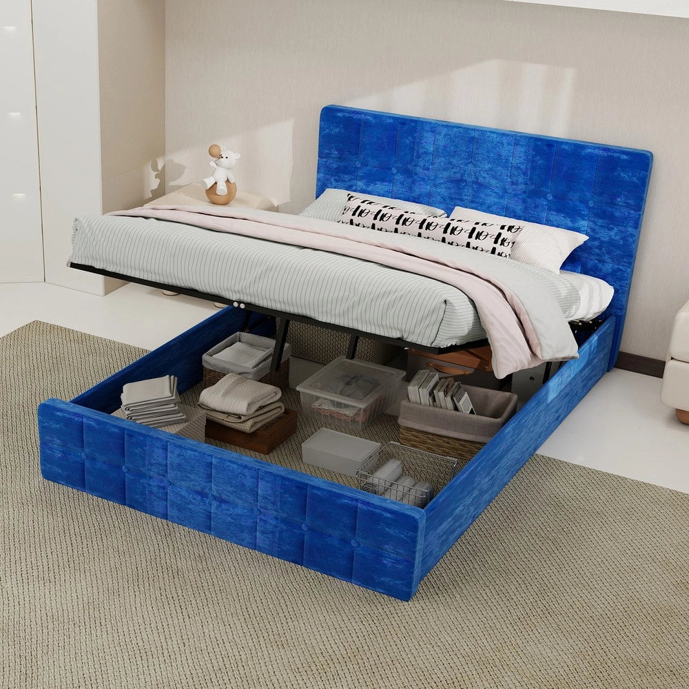 Letto imbottito contenitore con testiera ¨C Minimal ¨C blu velluto 140x200cm