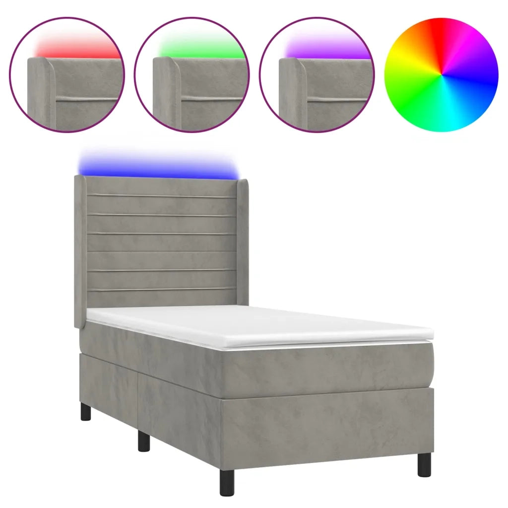 Letto a Molle Materasso e LED Grigio Chiaro 100x200 cm Velluto 3139607