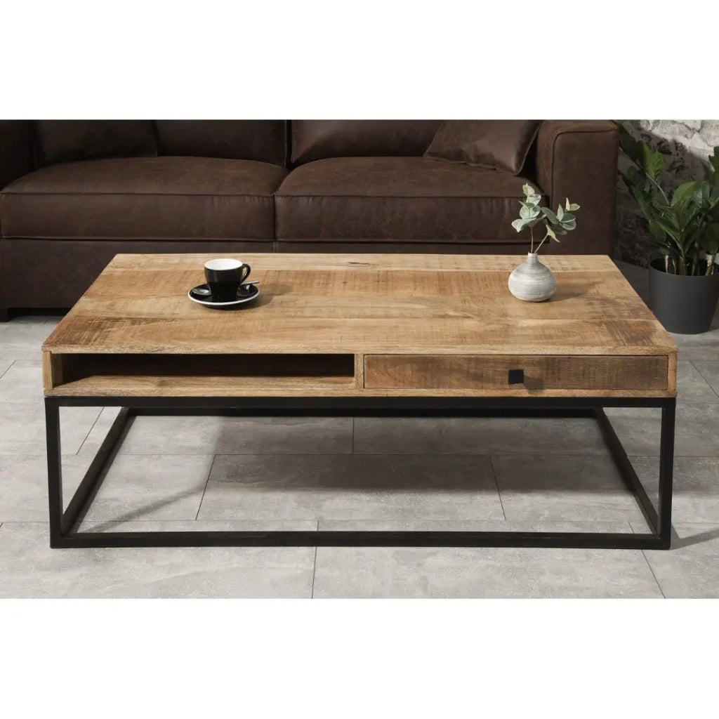 Tavolino LODEN 100 cm in legno massiccio di mango con vani contenitori e metallo nero - stile industriale