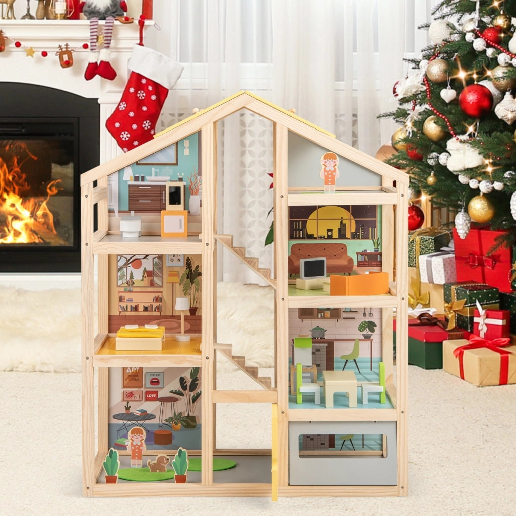 Casa delle famiglie moderne con mobili e figure con garage e porta apribile, Casa delle bambole in legno per bambini Naturale-Cucine giocattoli