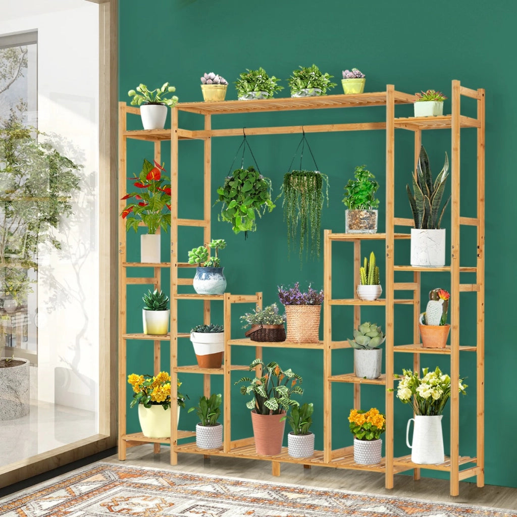 Scaffale per piante in bamb¨´ a 9 livelli con barra per appendere-Supporto per piante 167x30x166cm Naturale