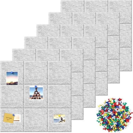 Prikbord 30x30 cm con 6 bordini in gomma e 60 spilleterne - Decorazione per la parete per casa, ufficio e classe