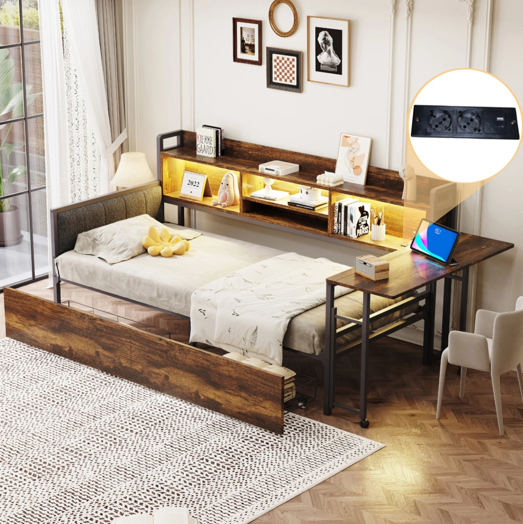 Letto singolo multifunzione 90x200 cm con LED e scrivania