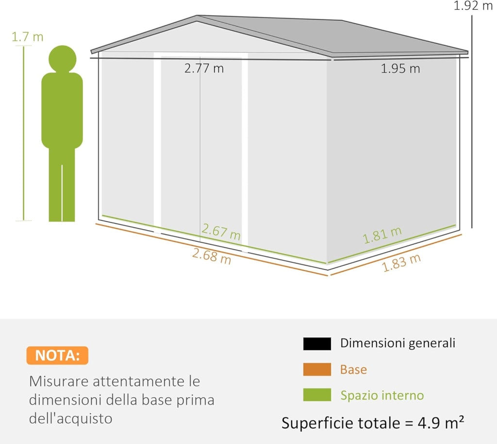 Casetta da Giardino 4.9 m² con Fondazione, 4 Prese d'Aria e 2 Porte Scorrevoli, Capanno Porta Attrezzi in Lamiera d'Acciaio, 277x195x192 cm, Verde Scuro
