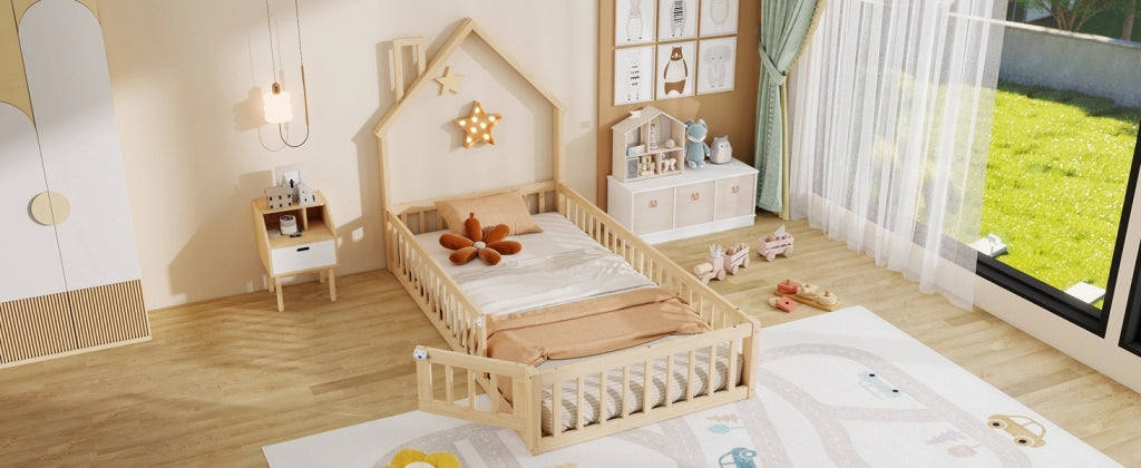 DESMIU Letto per bambini 1 posto con barriera di sicurezza e design a camino, 90 × 200 cm, senza materasso