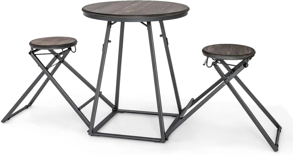 Set Tavolo da Pranzo 3 Pezzi, Tavolo Rotondo e 2 Sgabelli Pieghevoli in Metallo, Set di Mobile per 2 Persone per Piccoli Spazi, Appartamento, Cucina e Sala da Pranzo